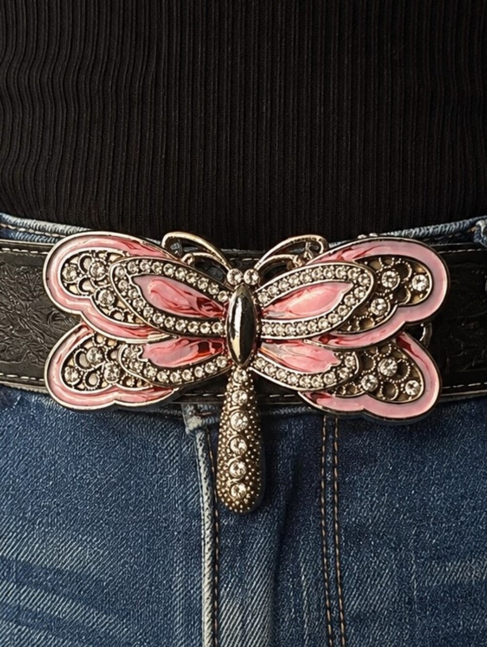 💜5/$25 Belt Buckle Pink Vintage Rhinestone Butterfly Enamel 3.25" Signed Taiwan